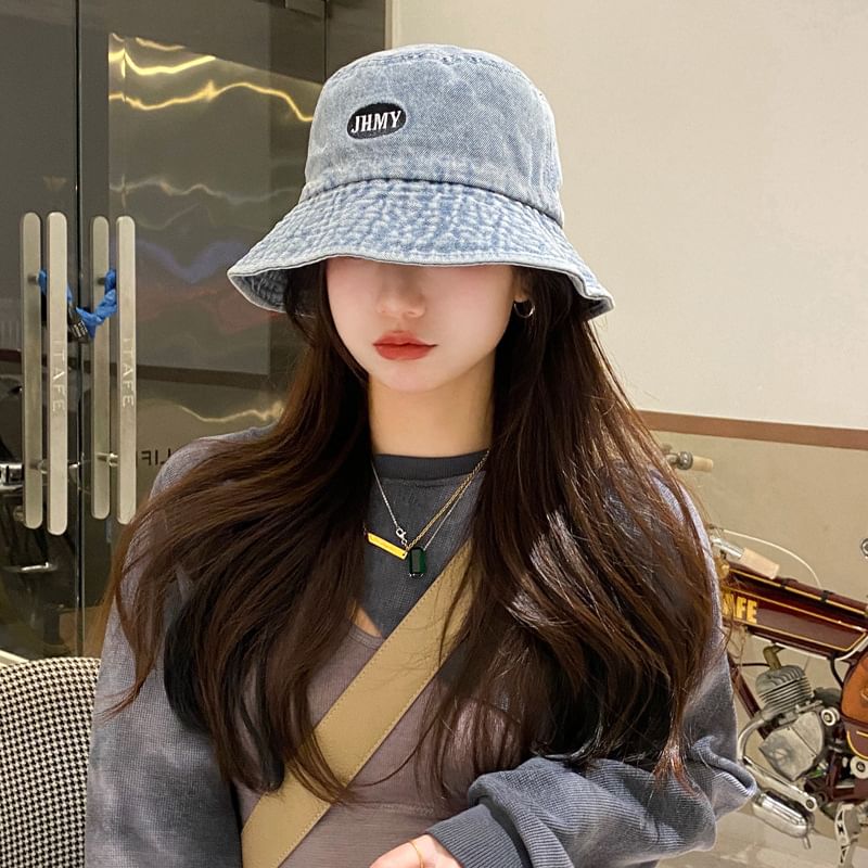 Embroidered Lettering Denim Bucket Hat Washed