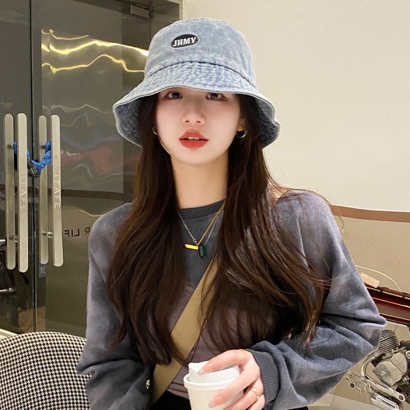 Embroidered Lettering Denim Bucket Hat Washed