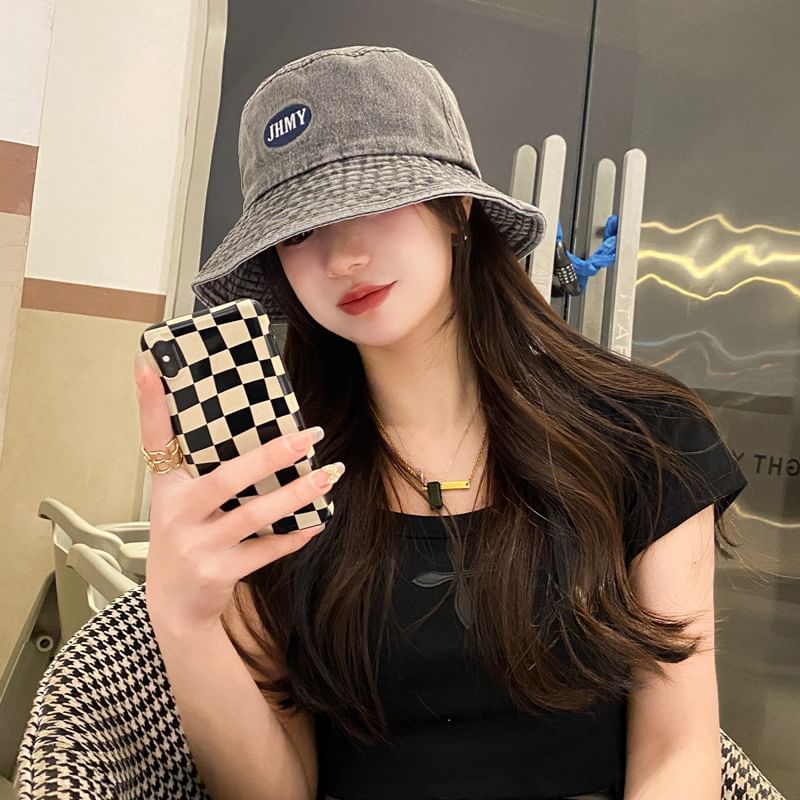 Embroidered Lettering Denim Bucket Hat Washed