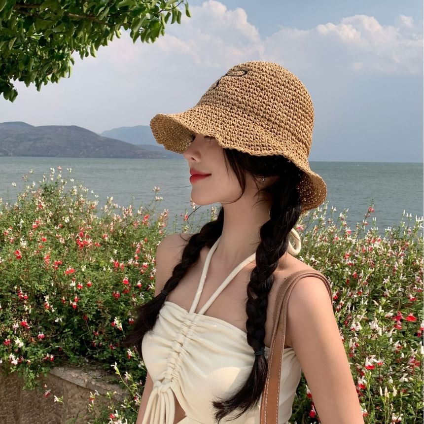 Straw Hat Embroidered Bow Sun