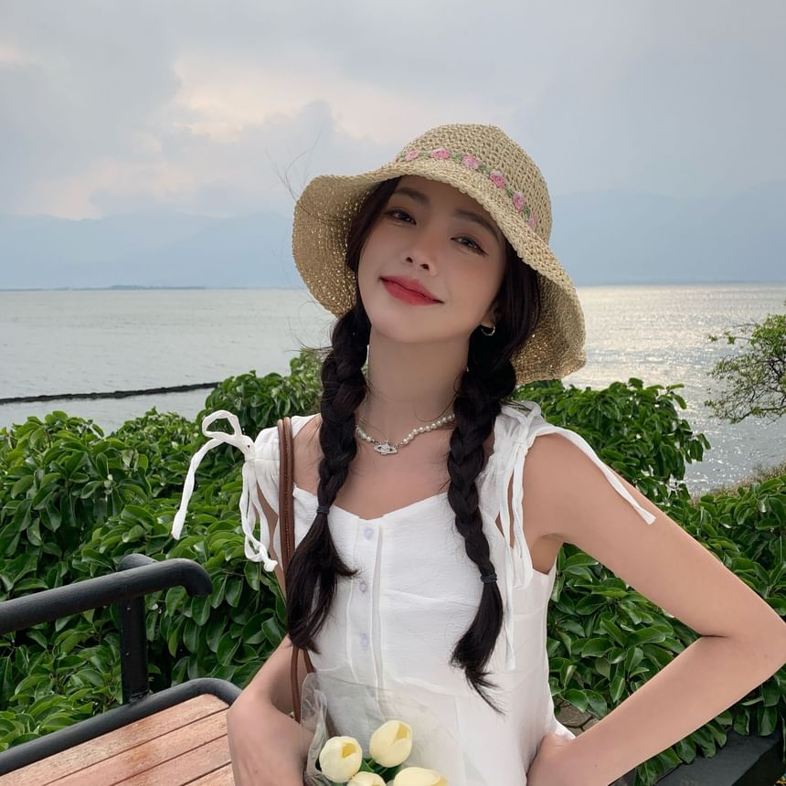 Straw Embroidered Hat Sun Floral