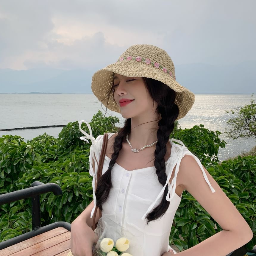 Straw Embroidered Hat Sun Floral