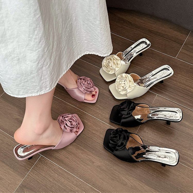 Flower Kitten Heel Slide Sandals