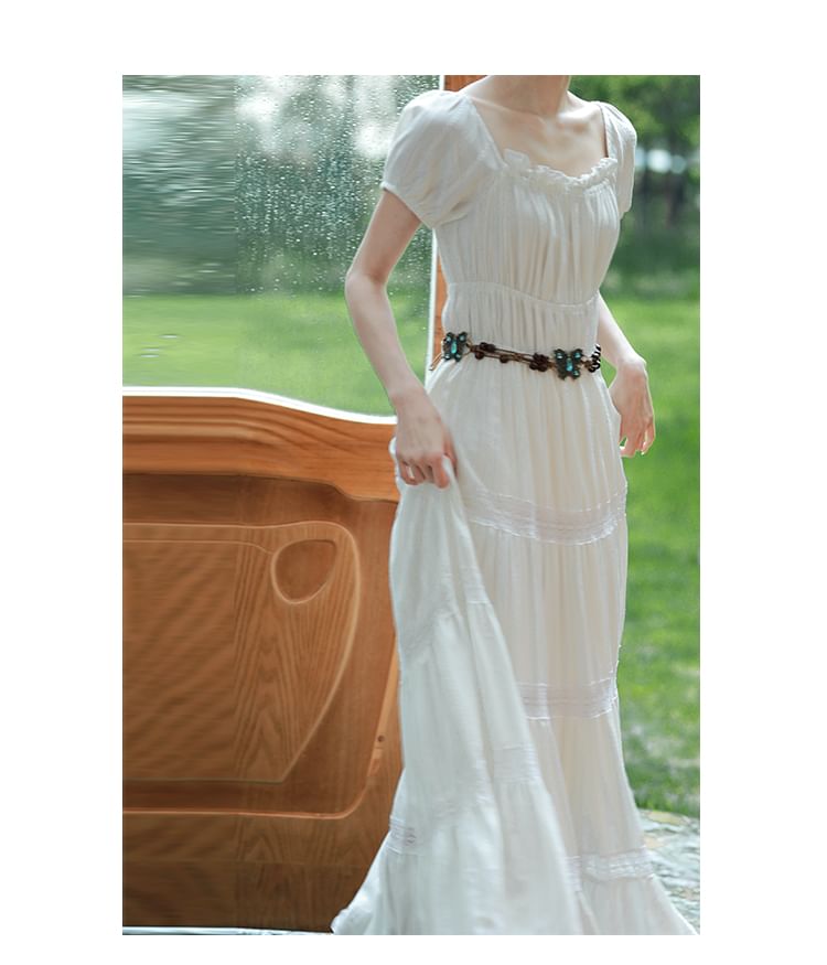 Crew Neck Short-Sleeve Solid A-Line Maxi Dress