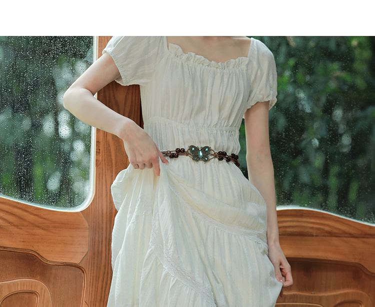Crew Neck Short-Sleeve Solid A-Line Maxi Dress