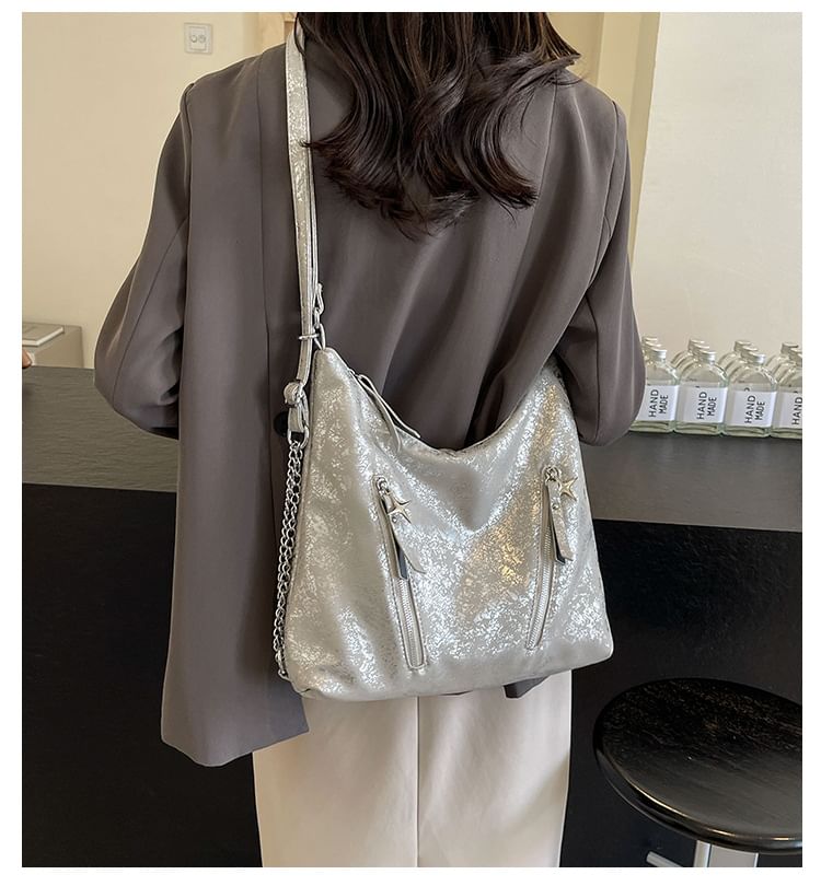 Backpack Plain Zipped Leather Chain Strap Faux