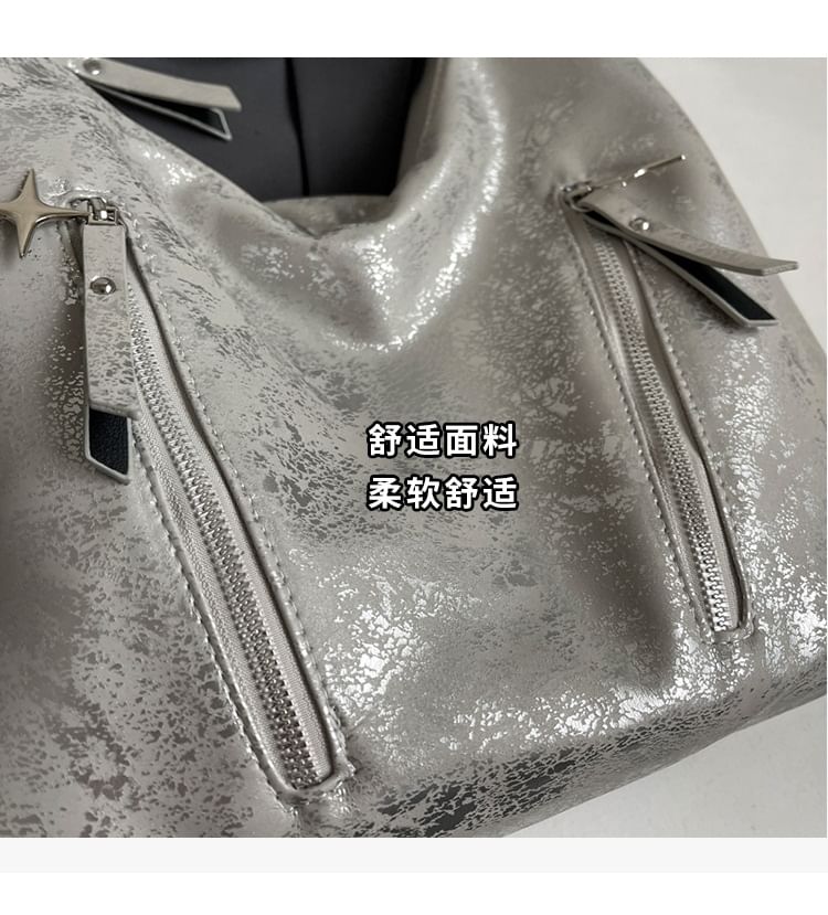 Backpack Plain Zipped Leather Chain Strap Faux