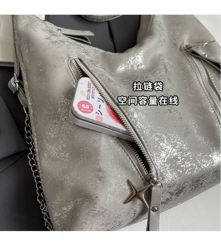 Backpack Plain Zipped Leather Chain Strap Faux