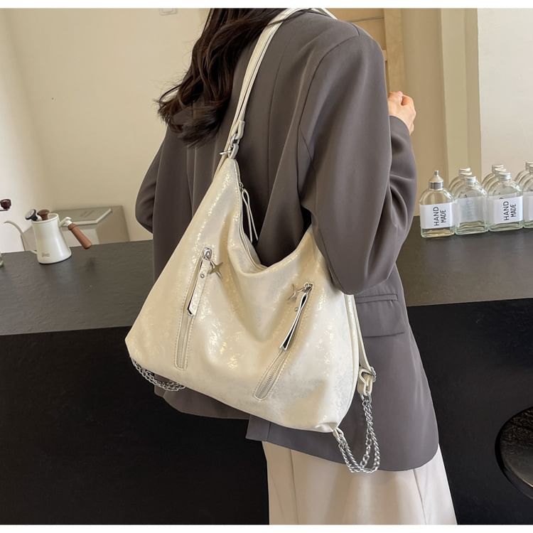 Backpack Plain Zipped Leather Chain Strap Faux