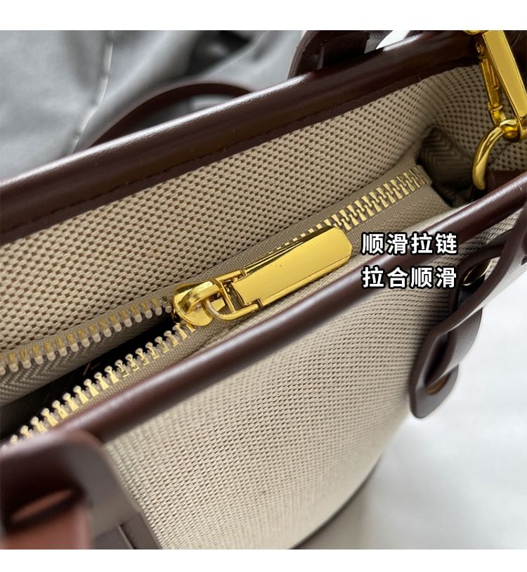 Bucket Leather Two Bag Faux Canvas Panel Tone