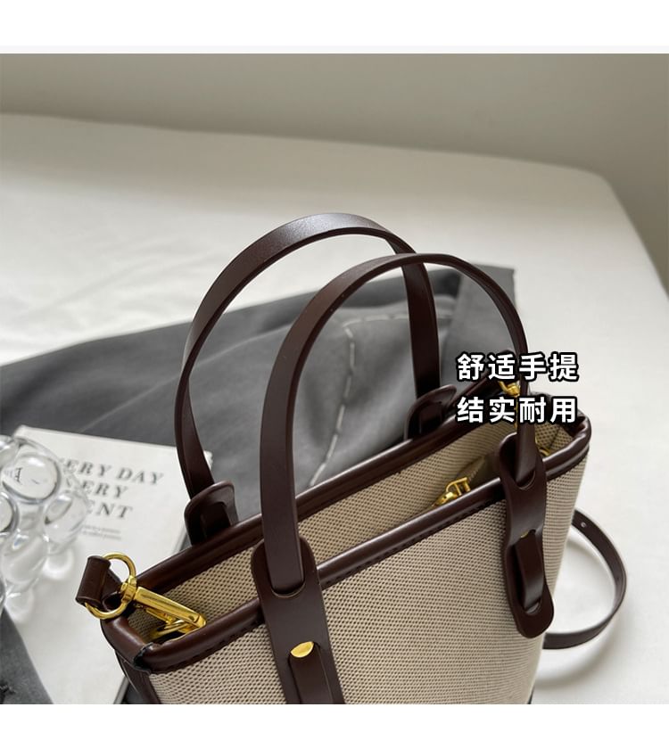 Bucket Leather Two Bag Faux Canvas Panel Tone