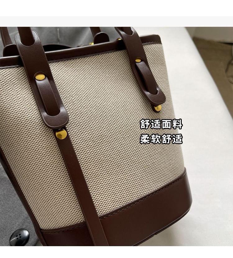 Bucket Leather Two Bag Faux Canvas Panel Tone