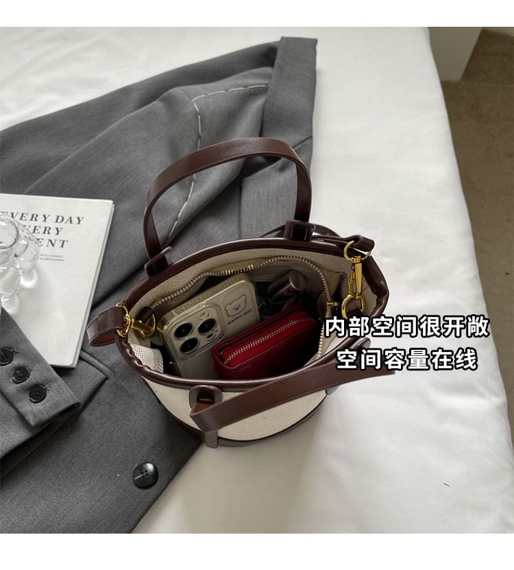 Bucket Leather Two Bag Faux Canvas Panel Tone