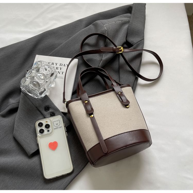 Bucket Leather Two Bag Faux Canvas Panel Tone