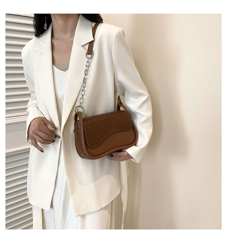 Faux Plain Flap Woven Leather Bag Crossbody