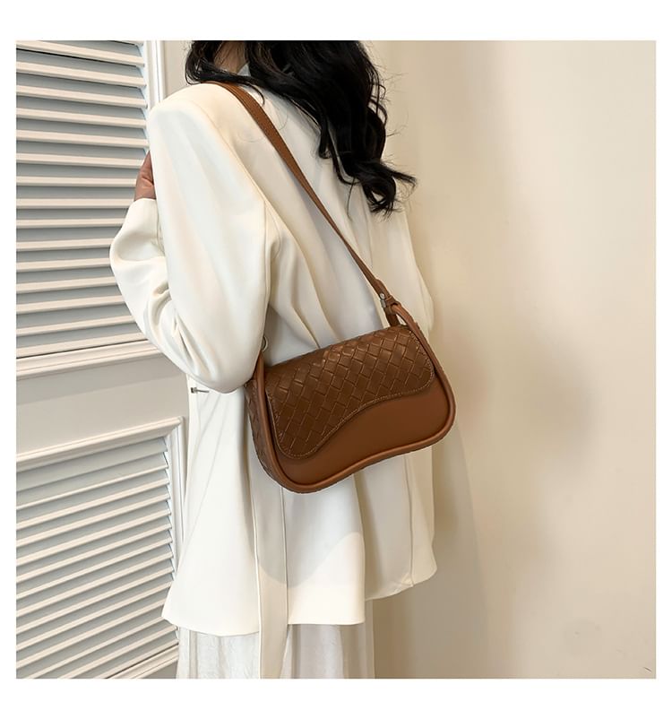 Faux Plain Flap Woven Leather Bag Crossbody
