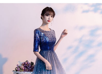 Elbow-Sleeve Sequin Mesh A-Line Evening Gown