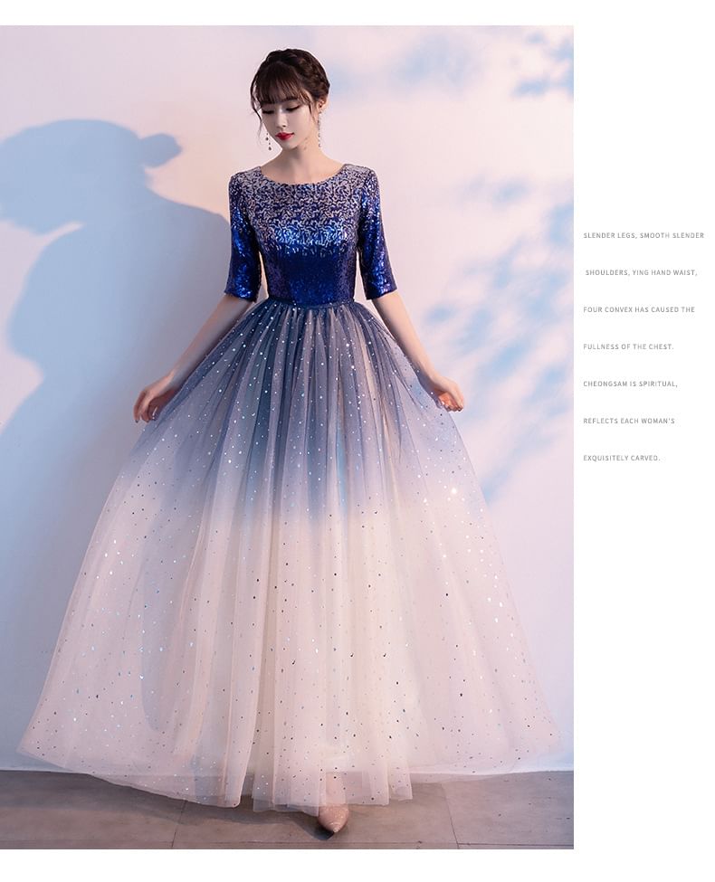 Elbow-Sleeve Sequin Mesh A-Line Evening Gown