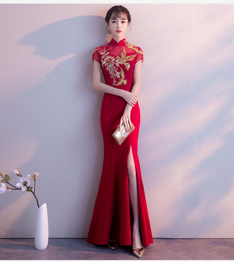 Traditional Chinese Cap-Sleeve Embroidered Mermaid Evening Gown