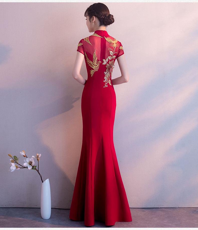 Traditional Chinese Cap-Sleeve Embroidered Mermaid Evening Gown