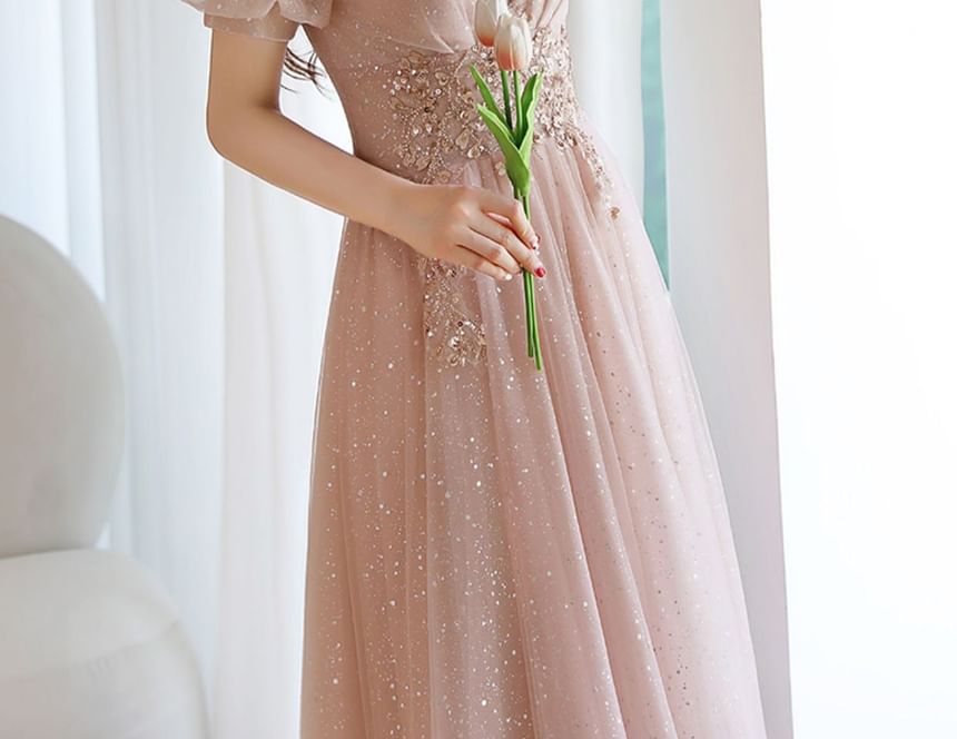 (Various A-Line Short-Sleeve Evening Designs) Rhinestone Gown Mesh