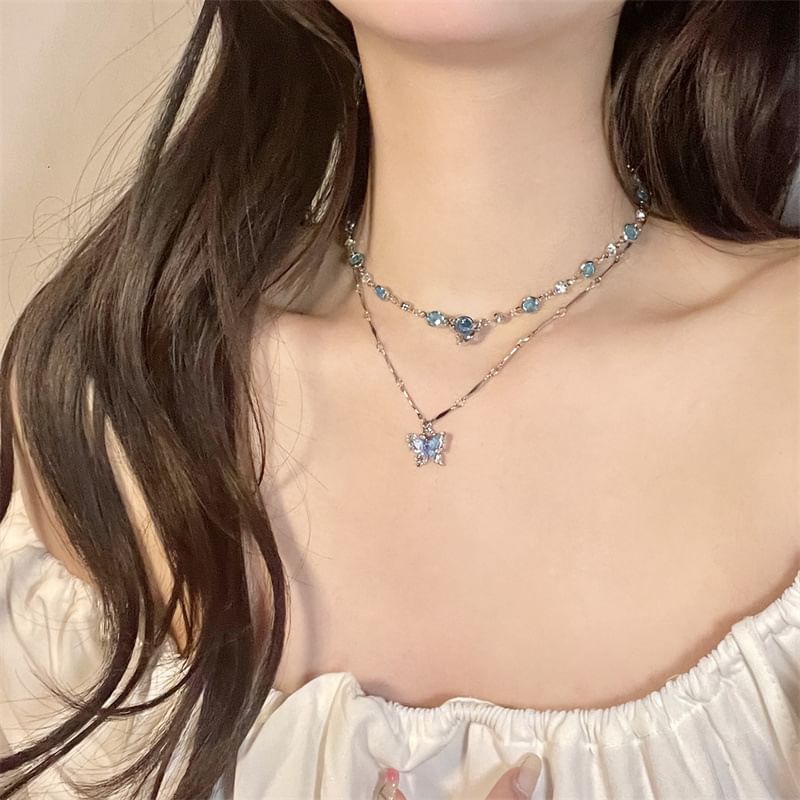 Necklace Crystal Butterfly Choker + Pendant Faux Alloy Set: