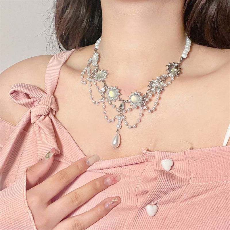 Alloy Choker Faux Pearl Layered