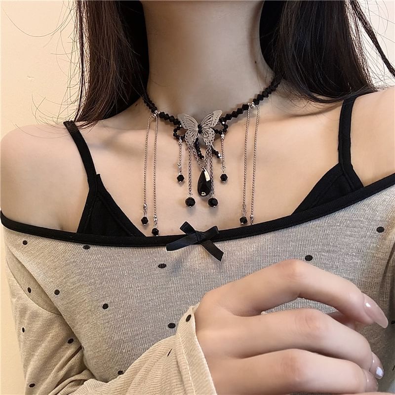 Faux / Butterfly Alloy Leather Studded Choker