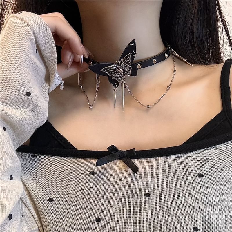 Faux / Butterfly Alloy Leather Studded Choker