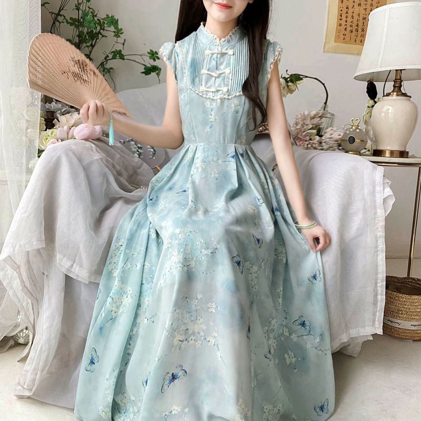 Cap-Sleeve Butterfly Print Lace Trim Maxi A-Line Dress