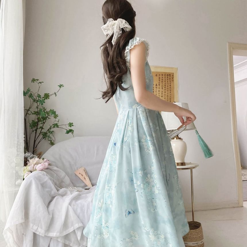 Cap-Sleeve Butterfly Print Lace Trim Maxi A-Line Dress