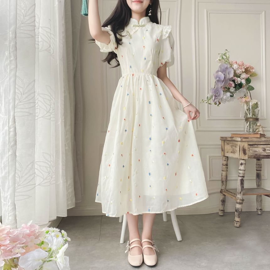 Puff-Sleeve Mock Neck Flower Embroidered Ruffle Midi A-Line Dress