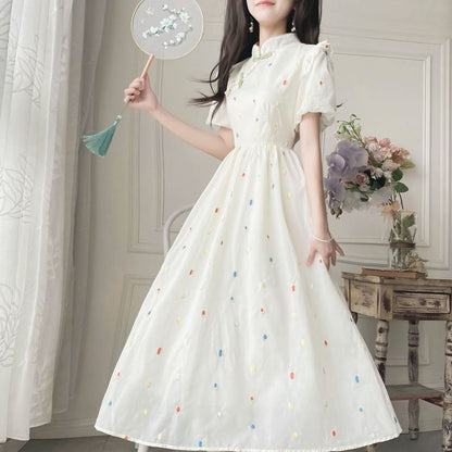 Puff-Sleeve Mock Neck Flower Embroidered Ruffle Midi A-Line Dress