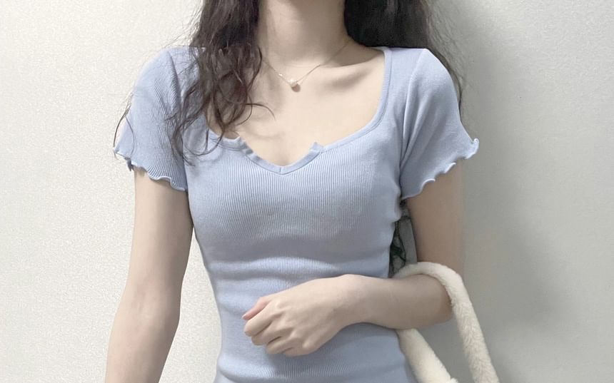 Plain Notch Edge Lettuce Mini Sheath Short-Sleeve Neck Dress