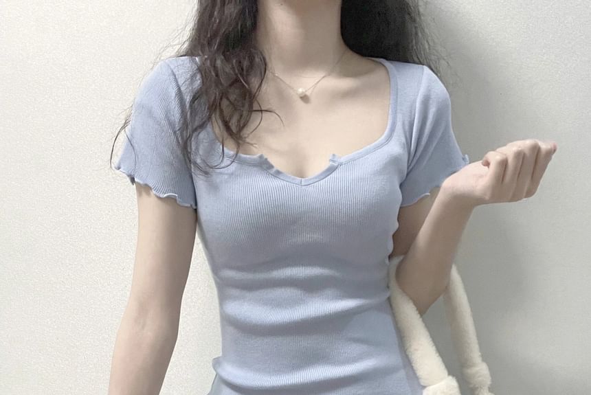 Plain Notch Edge Lettuce Mini Sheath Short-Sleeve Neck Dress