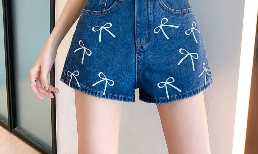 Bowknot Print High Waist Straight Cutting Denim Shorts Egirldoll