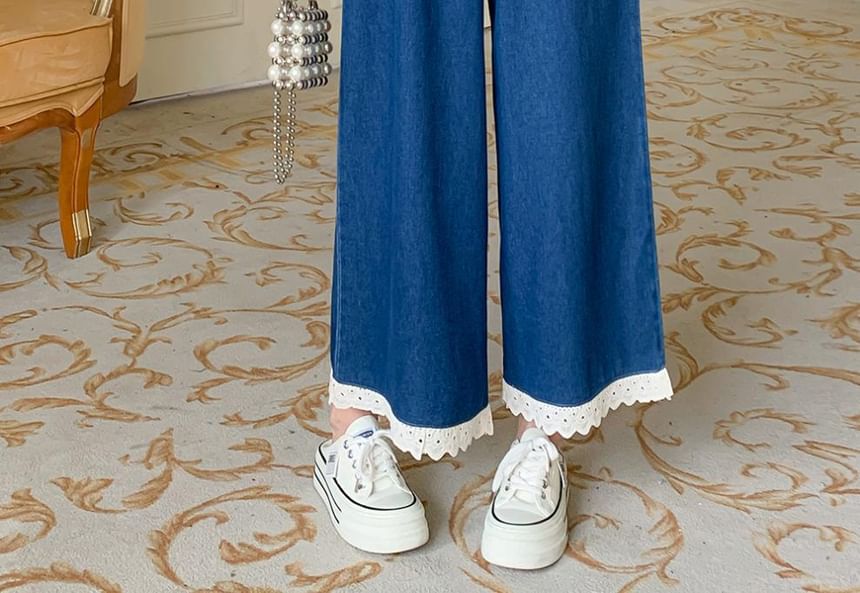 High Rise Lace Trim Wide Leg Jeans Egirldoll