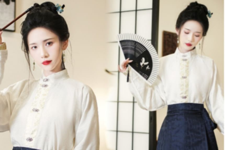 Long-Sleeve Plain Hanfu Top / High Waist Floral Maxi Ma Mian Skirt / Set