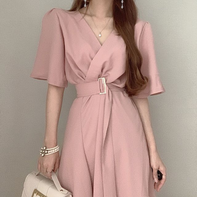 Short-Sleeve V-Neck Wrapped Plain Midi A-Line Dress