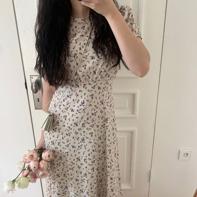 Short Sleeve Crewneck Floral Print Maxi A-Line Dress