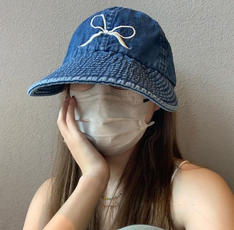 Bow Embroidered Cap Denim Baseball