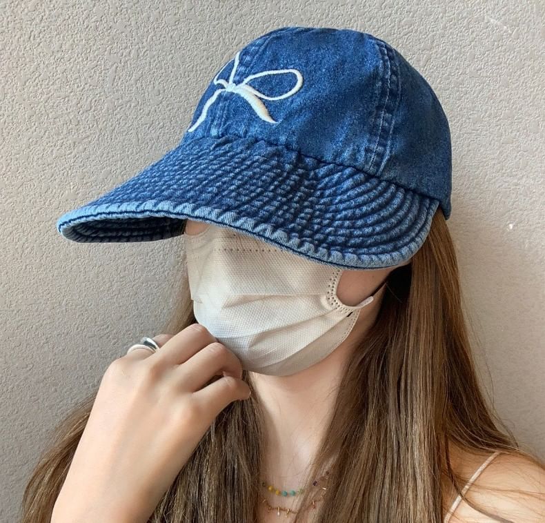 Bow Embroidered Cap Denim Baseball