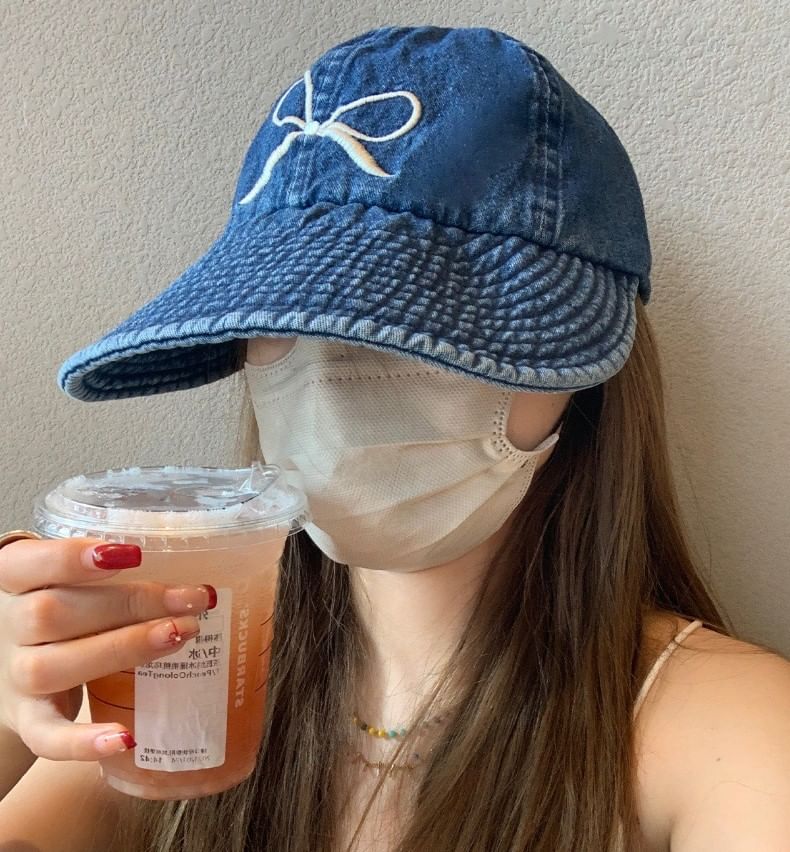 Bow Embroidered Cap Denim Baseball