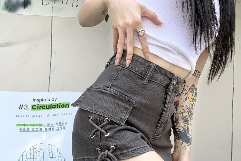 High Waist Washed Lace-Up Denim Cargo Hot Pants