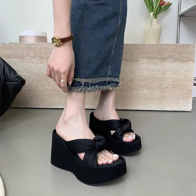 Platform Slide Sandals Heel Knot Wedge