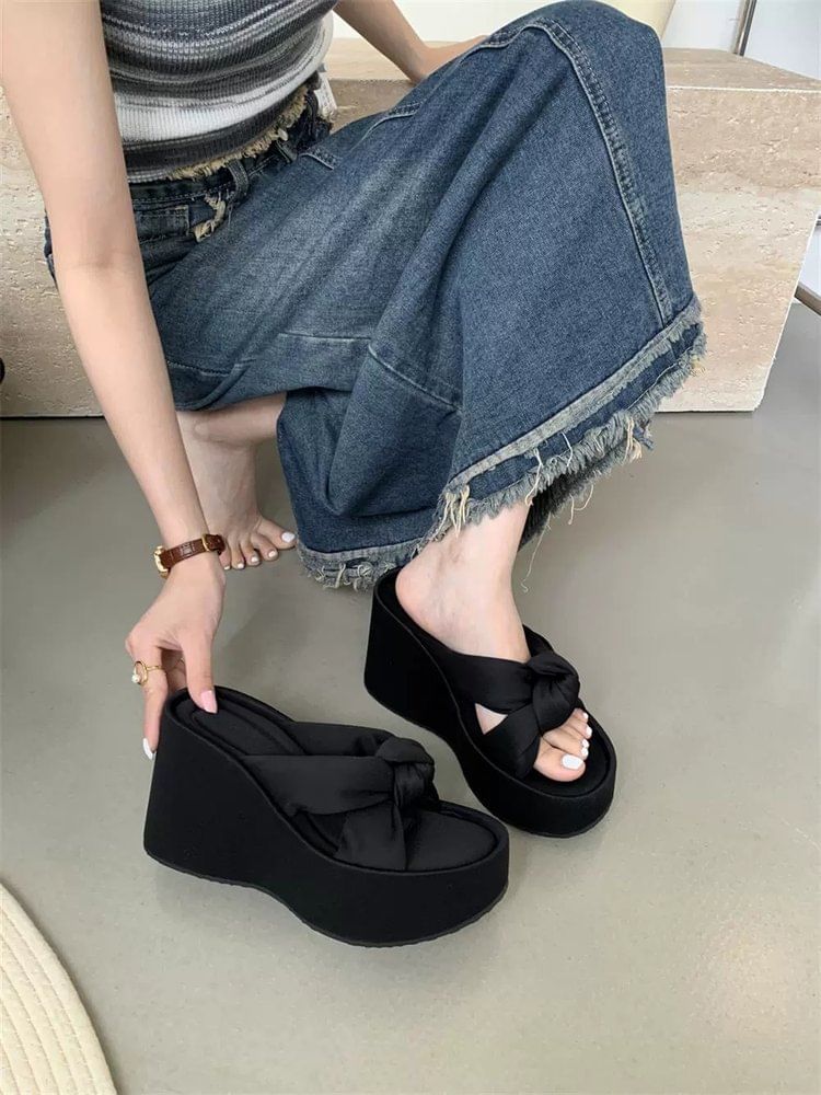 Platform Slide Sandals Heel Knot Wedge