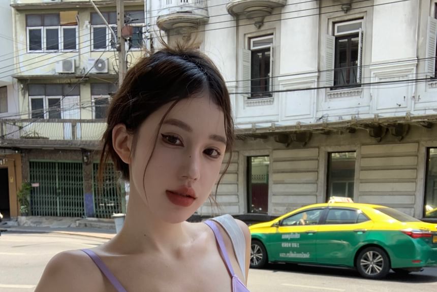 Spaghetti Strap V-Neck Plain Mesh Bodysuit Top