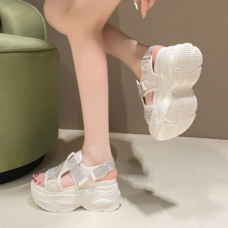 Strap Slingback Mesh Platform Sandals Rhinestone Adhesive