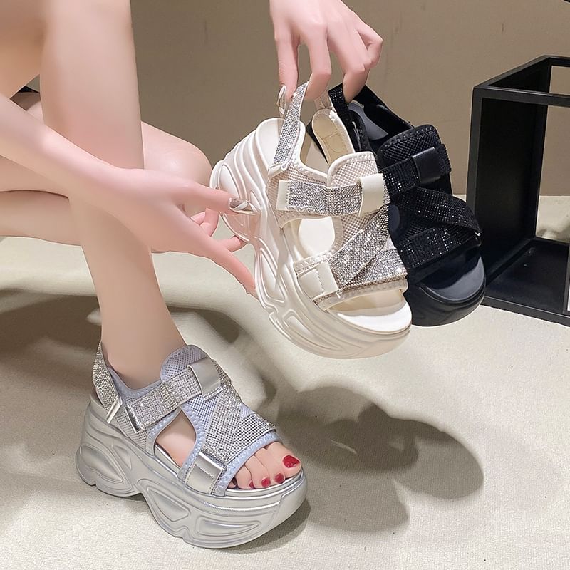 Strap Slingback Mesh Platform Sandals Rhinestone Adhesive