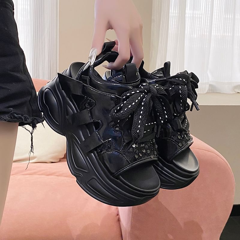 Lace-Up Platform Slingback Sandals Sequin
